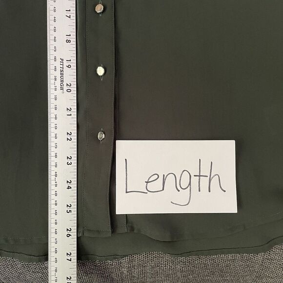 Express Portofino Button Down Top Green Chiffon Roll Tab Sleeve V-Neck Medium - Picture 7 of 9